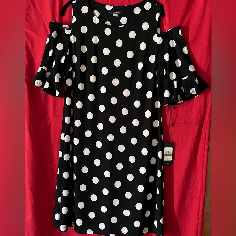 Tommy Hilfiger Black w White Polka Dots. Cold Shoulder Dress - Picture 2 of 6